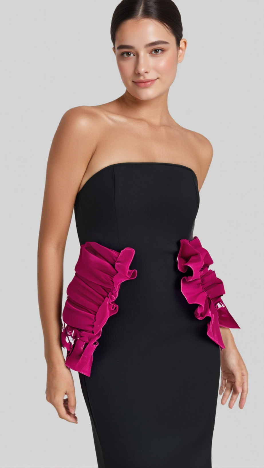 PLEATED ORNAMENTED BANDAGE MAXI DRESS IN BLACK