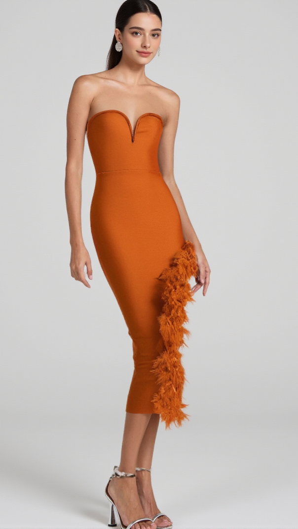 AIIZIE OSTRICH FEATHER BANDAGE DRESS WITH V-NECKLINE IN BROWN - product image