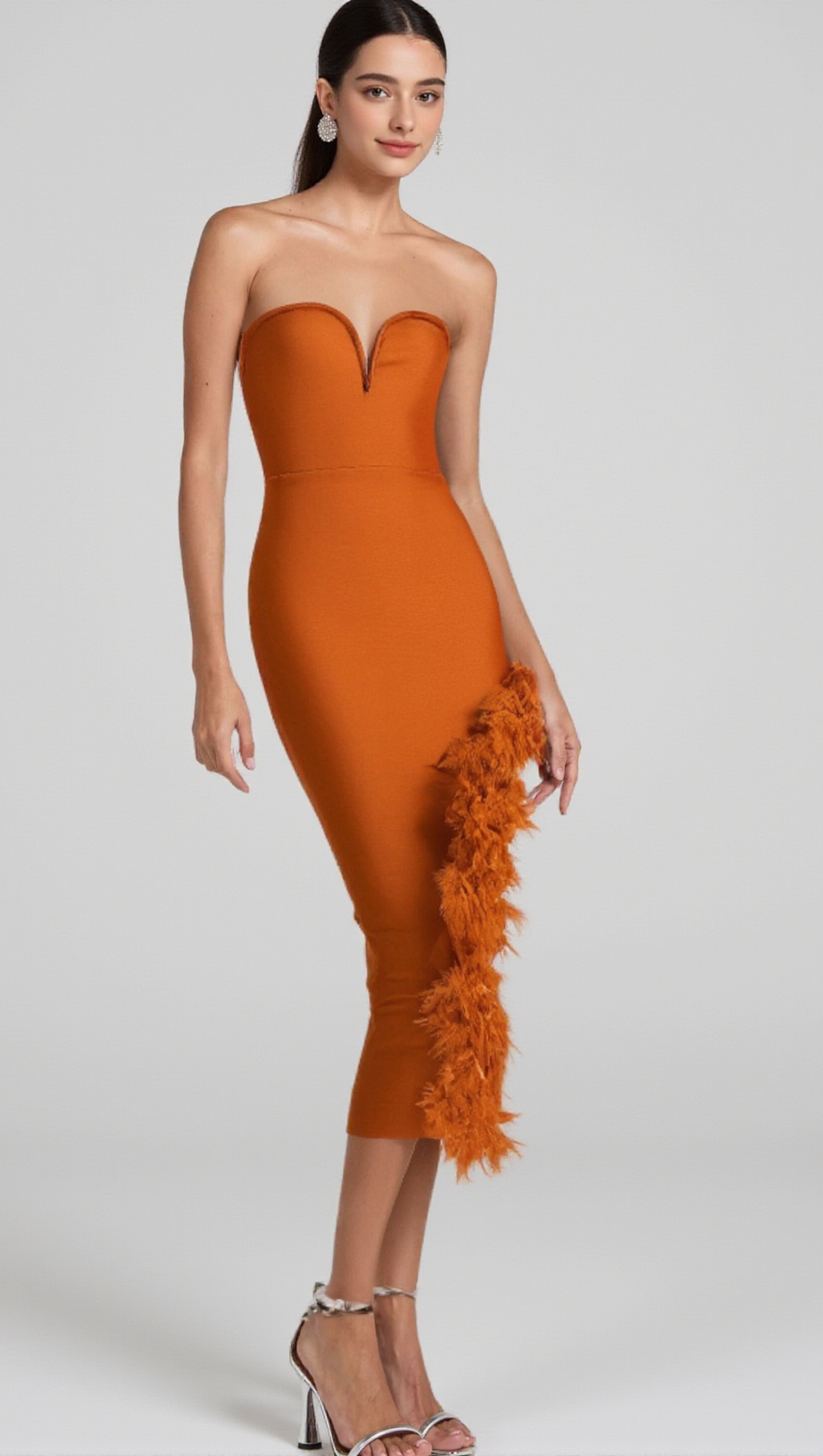 OSTRICH FEATHER BANDAGE DRESS WITH V-NECKLINE IN BROWN