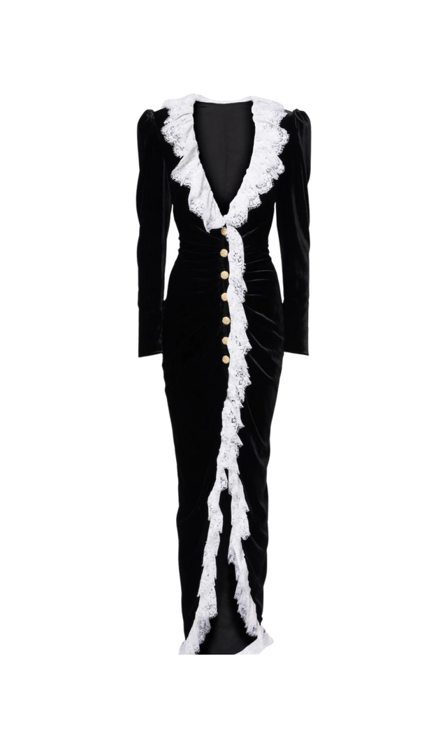 AIIZIE CANNIA LACE-TRIMMED VELVET MAXI DRESS IN BLACK - product image