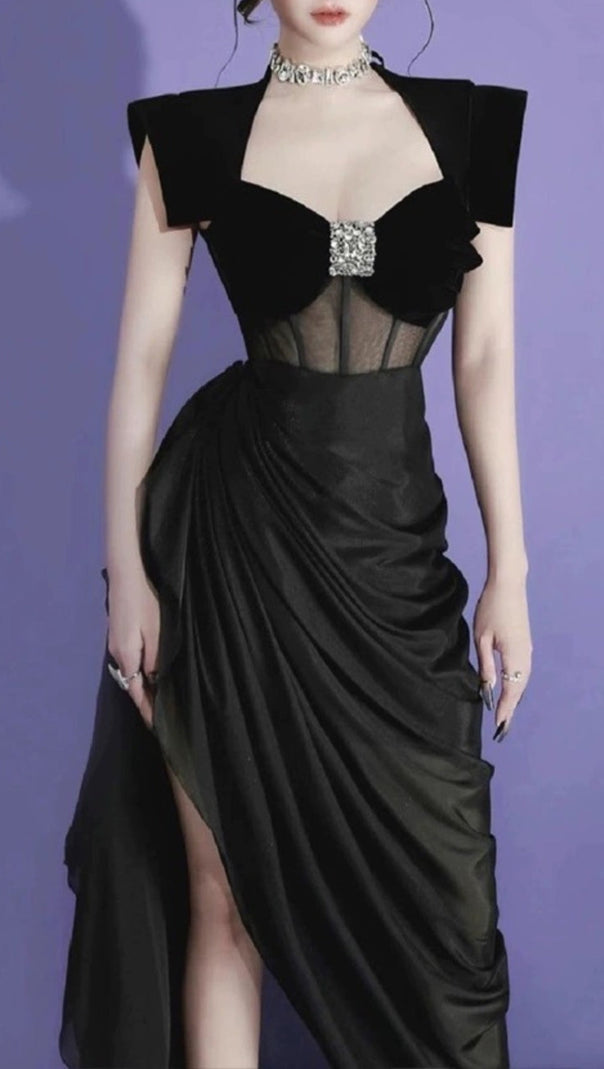 AIIZIE TAFFETA BOW CORSET SLIP MIDI DRESS IN BLACK - product image