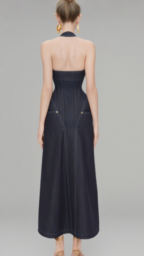 ABITO MIDI CON CORSETTO E HALT IN DENIM BLU NAVY