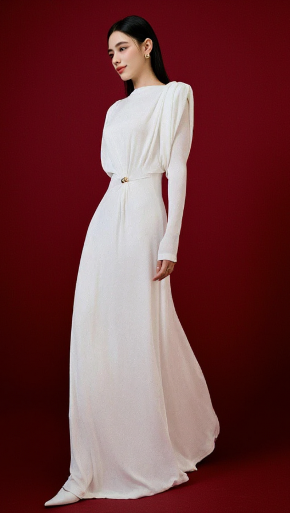 WHITE STRAIGHT BOAT NECK KNITTED FABRIC MAXI DRESS