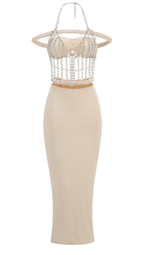 AIIZIE HALTER CRYSTAL BRAIDED BARDOT MAXI DRESS IVORY - product image