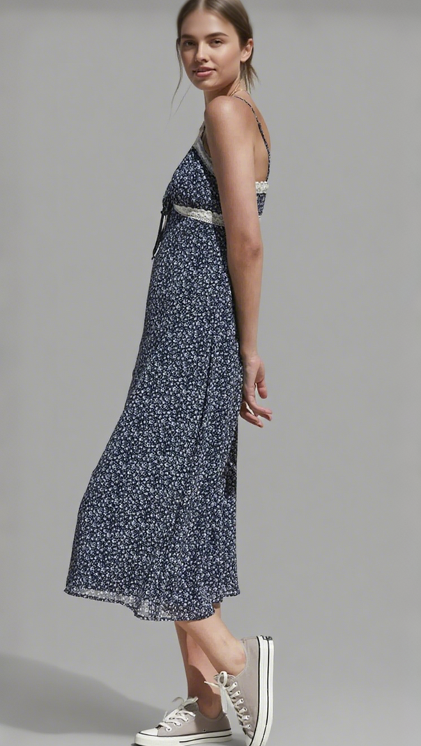 AIIZIE V-NECKLINE FLORAL LACE TRIM MIDI DRESS IN NAVY - product image