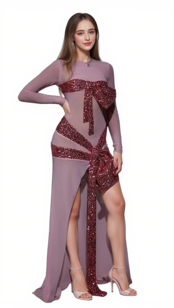 AIIZIE ARLENE ZACHARY LONG SLEEVE BOW SEQUIN DRESS - product image