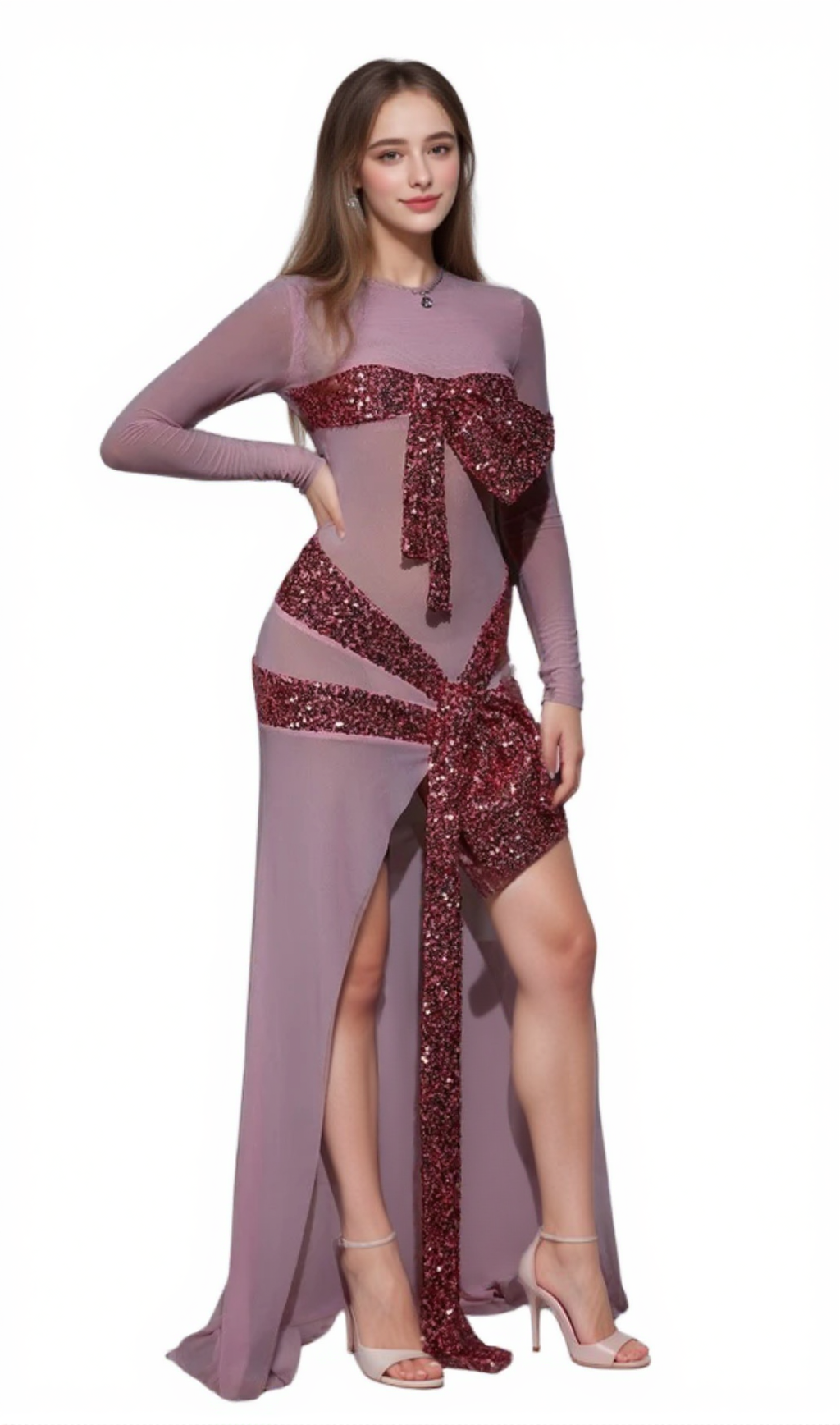 ARLENE ZACHARY LONG SLEEVE BOW SEQUIN DRESS