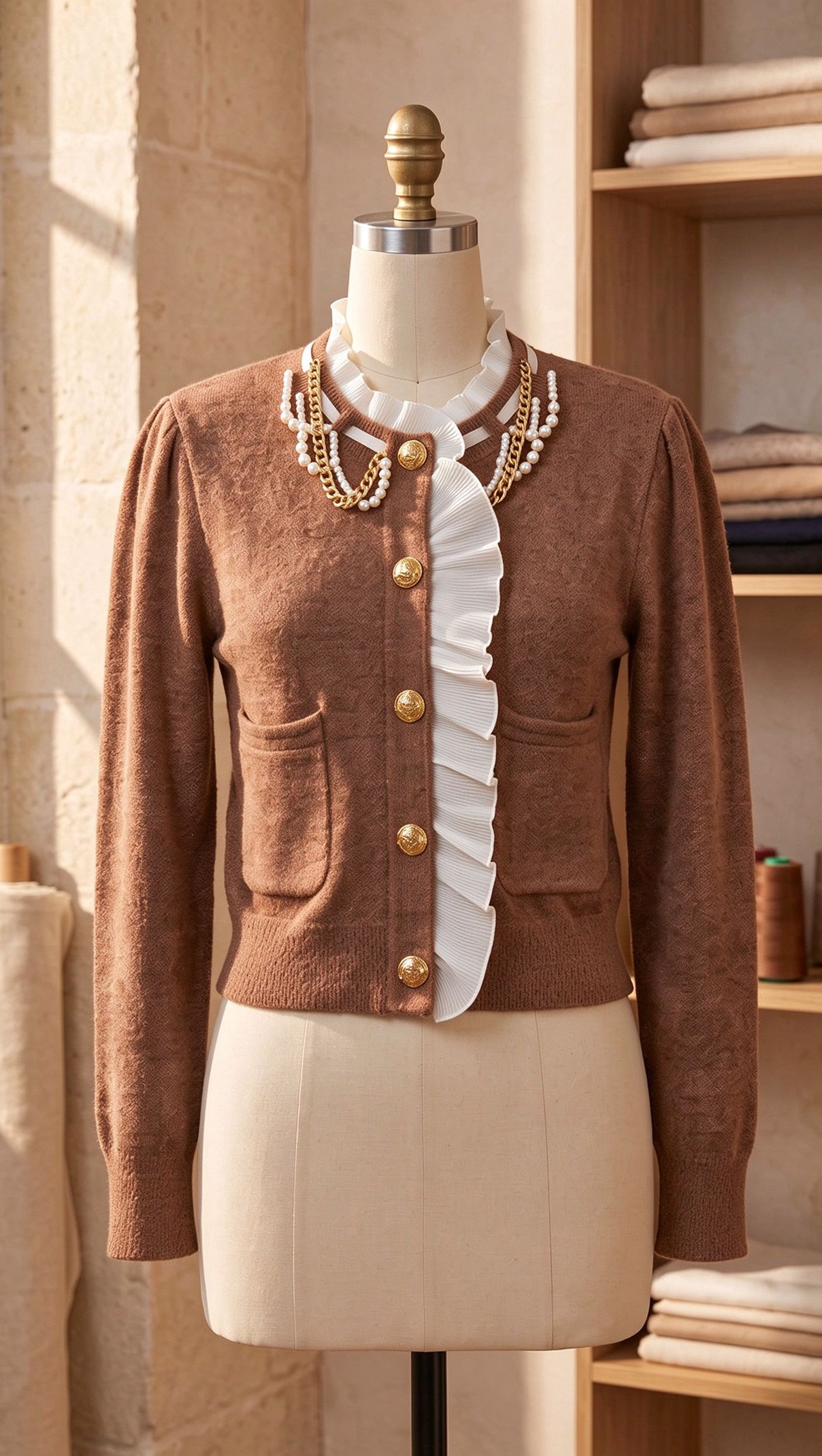 caramel brown textured wool-blend knit fitted, cropped cardigan