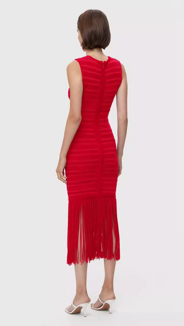 AIIZIE RED TEXTURED CHENILLE FRINGE MIDI DRESS - product image