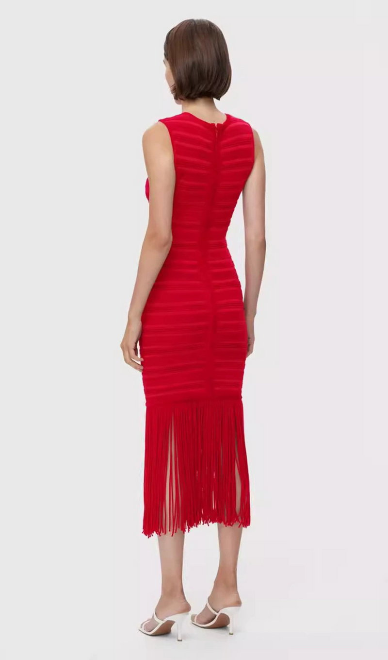 RED TEXTURED CHENILLE FRINGE MIDI DRESS