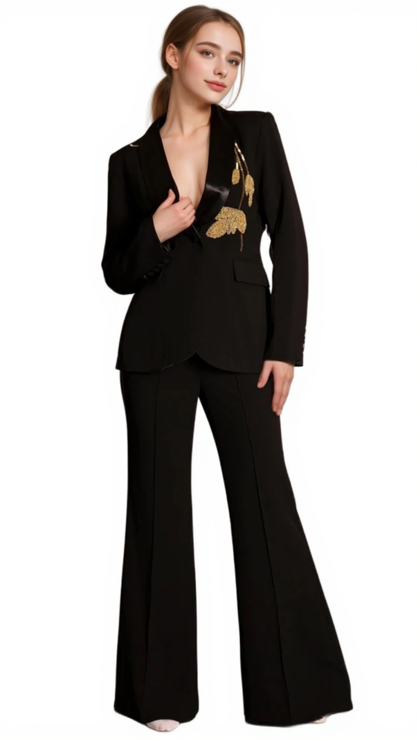 AIIZIE ANGELA PRIMATOU BLACK EMBROIDERED FLARED BLAZER SUIT - product image