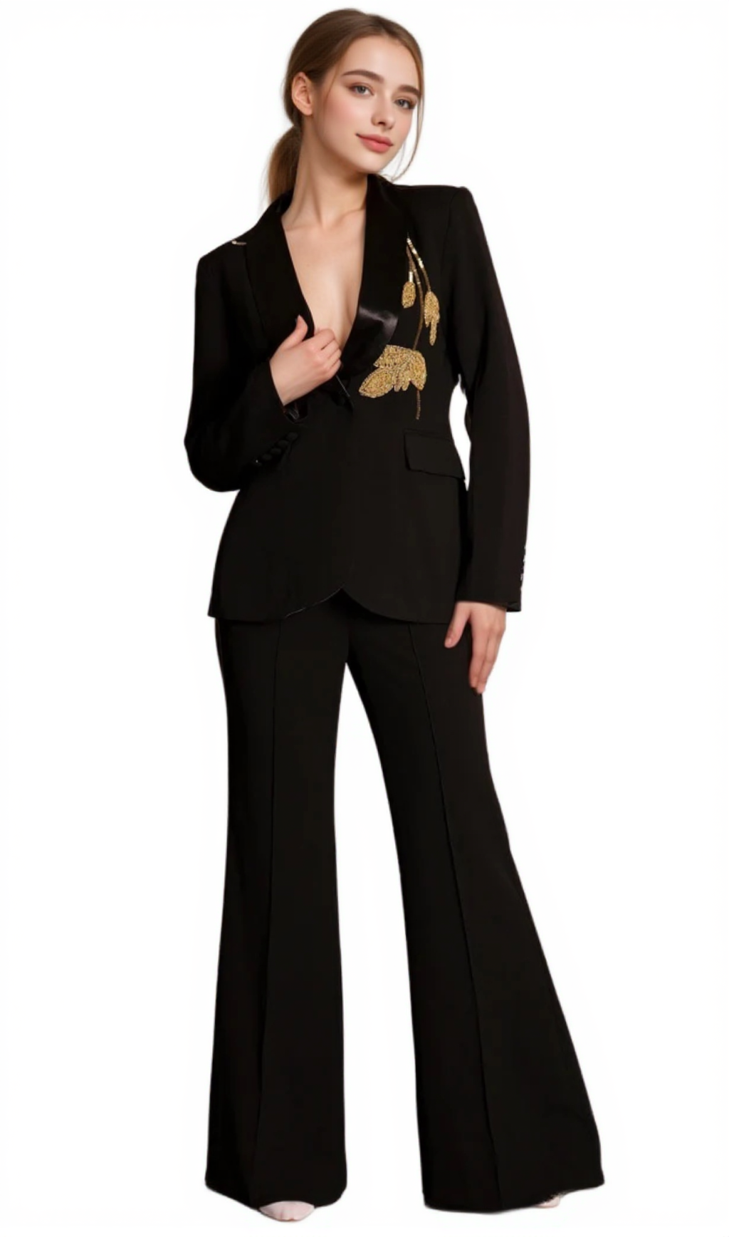 ANGELA PRIMATOU BLACK EMBROIDERED FLARED BLAZER SUIT