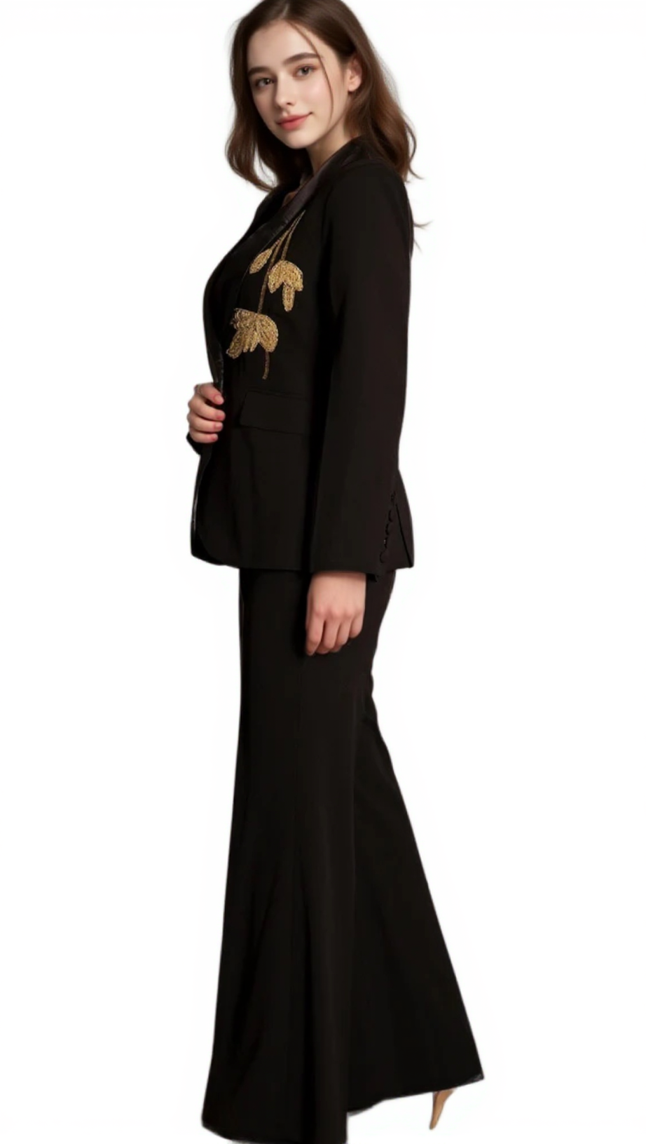 ANGELA PRIMATOU BLACK EMBROIDERED FLARED BLAZER SUIT