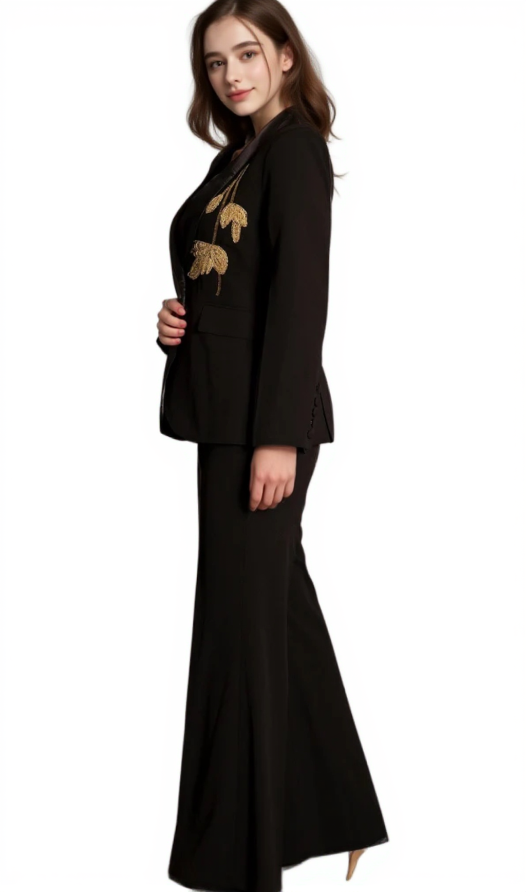 ANGELA PRIMATOU BLACK EMBROIDERED FLARED BLAZER SUIT