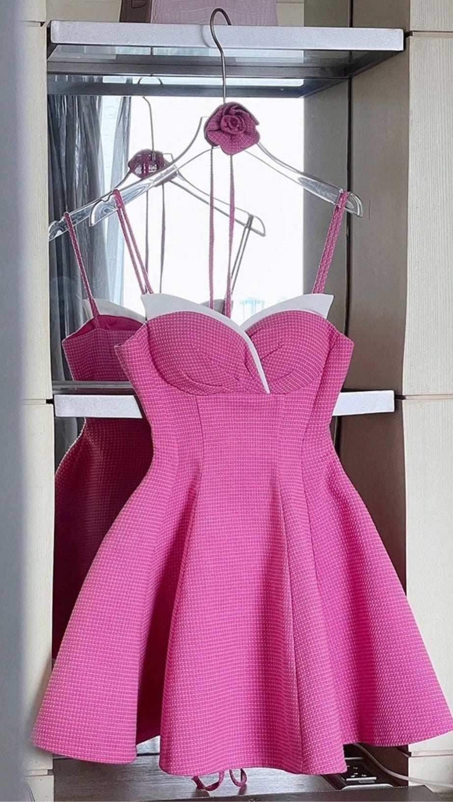 STRAP MINI DRESS WITH ROSE IN HOT PINK