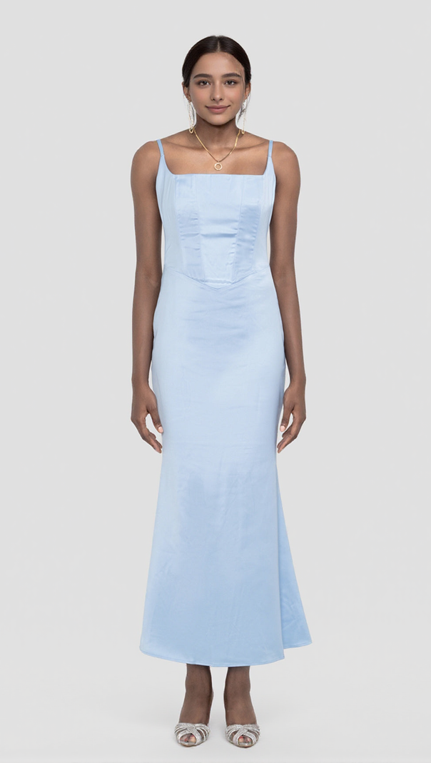 AIIZIE SATIN CORSET MAXI DRESS IN BLUE - product image