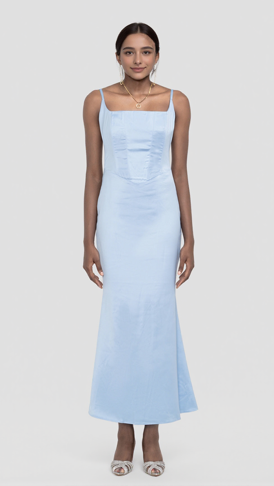ABITO LUNGO CON CORSETTO IN RASO BLU