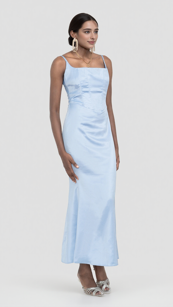 AIIZIE SATIN CORSET MAXI DRESS IN BLUE - product image