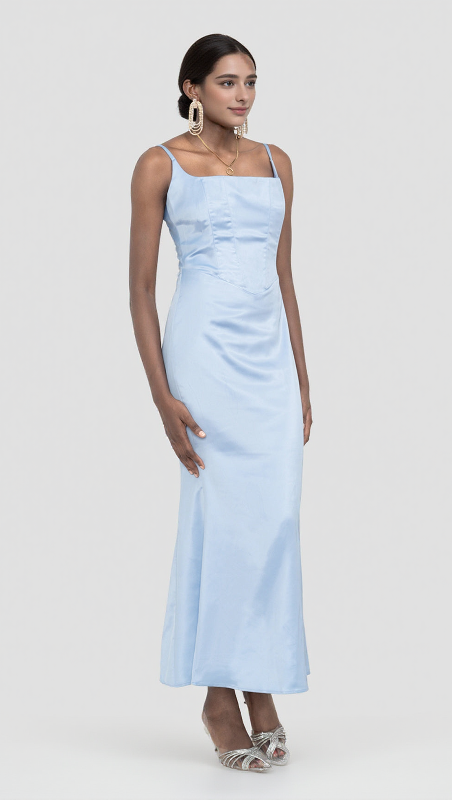 SATIN CORSET MAXI DRESS IN BLUE