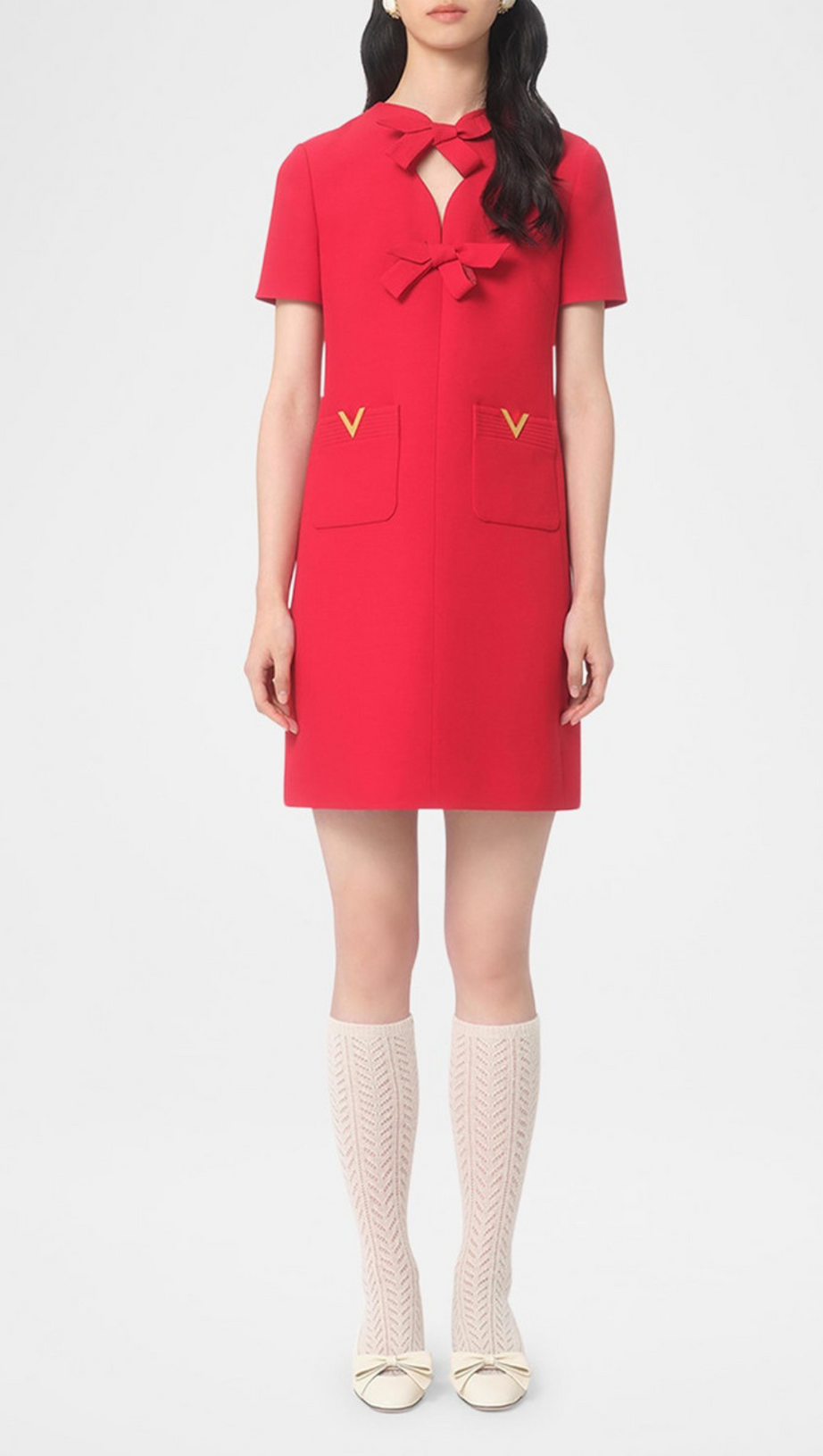 CREPE COUTURE BOW MINI DRESS IN RED