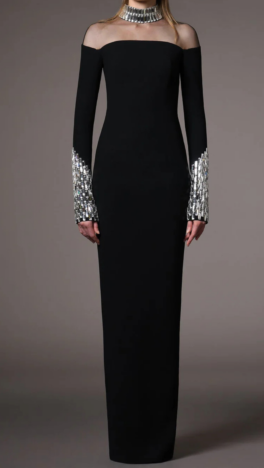 CRYSTAL EMBELLISHMENTS BLACK CRÊPE MAXI DRESS