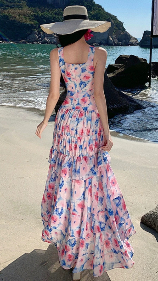 AIIZIE FLORAL PRINT RUFFLE TRIM MAXI DRESS IN ROSE - product image