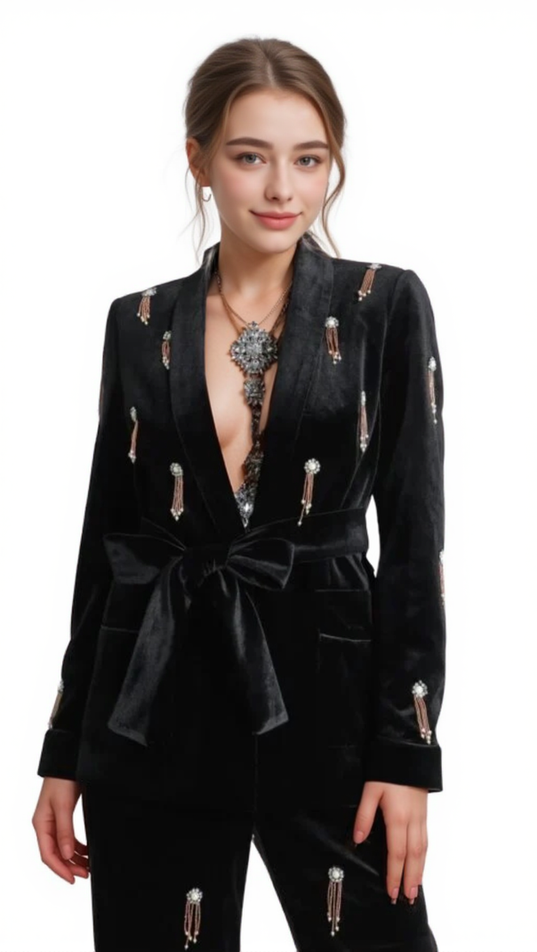 AIIZIE APPHIA VELVET DIAMOND EMBELLISHED BLAZER 2 PIECE IN BLACK - product image