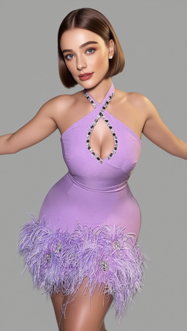AIIZIE HALTER NECK RHINESTONE CUTOUT FEATHER TRIM MINI DRESS IN LAVENDER - product image