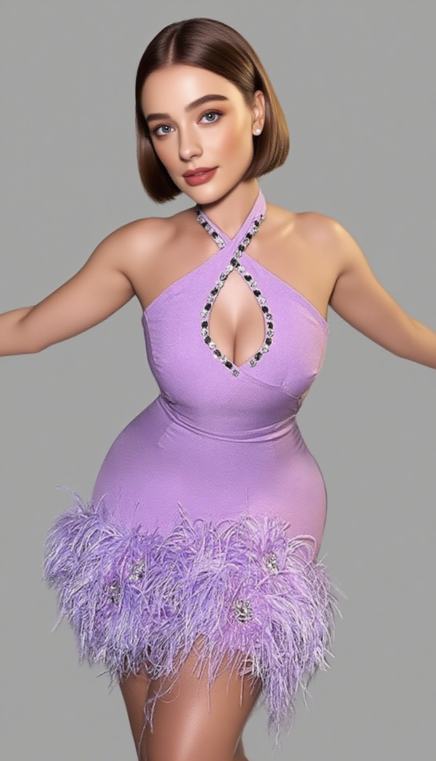 HALTER NECK RHINESTONE CUTOUT FEATHER TRIM MINI DRESS IN LAVENDER