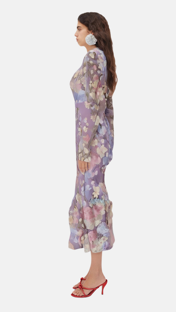 AIIZIE LONG SLEEVE EMBROIDERED MIDI DRESS IN PURPLE - product image