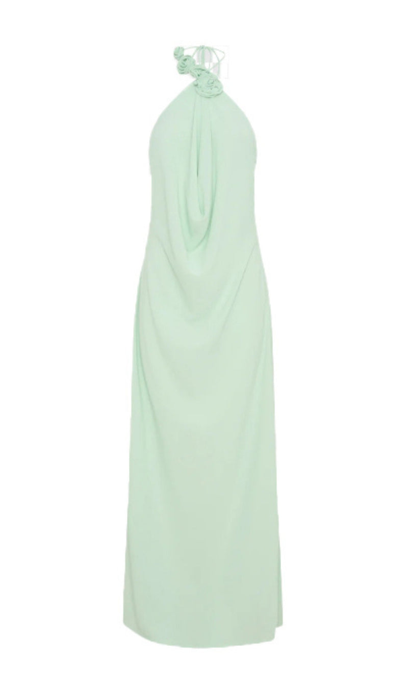 Floral halterneck high collar maxi dress green