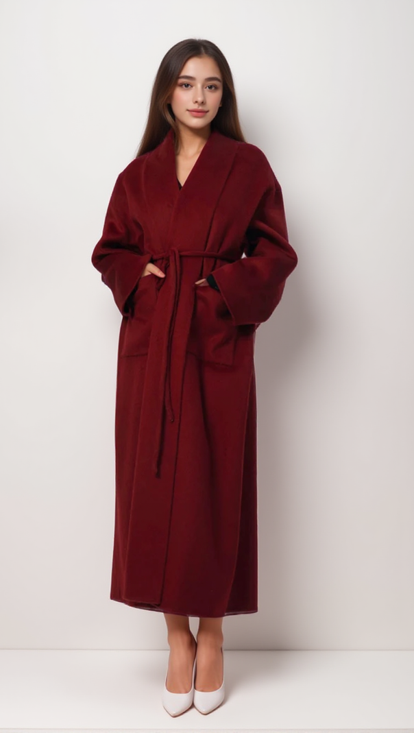 AIIZIE LUXURIOUS DEEP RED BELTED WOOL COAT WITH OVERSIZED FIT - product image