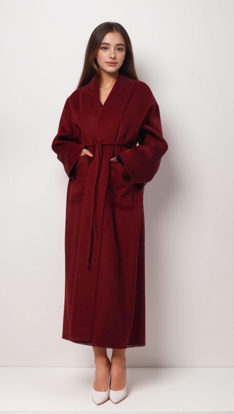 LUXURIOUS DEEP RED BELTED WOOL COAT WITH OVERSIZED FIT