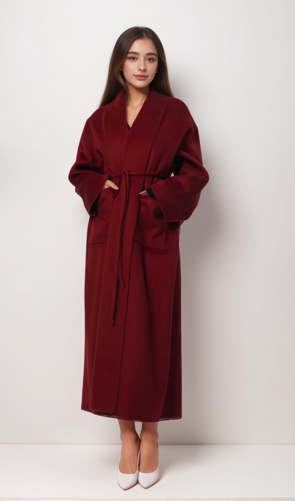 LUXURIOUS DEEP RED BELTED WOOL COAT WITH OVERSIZED FIT