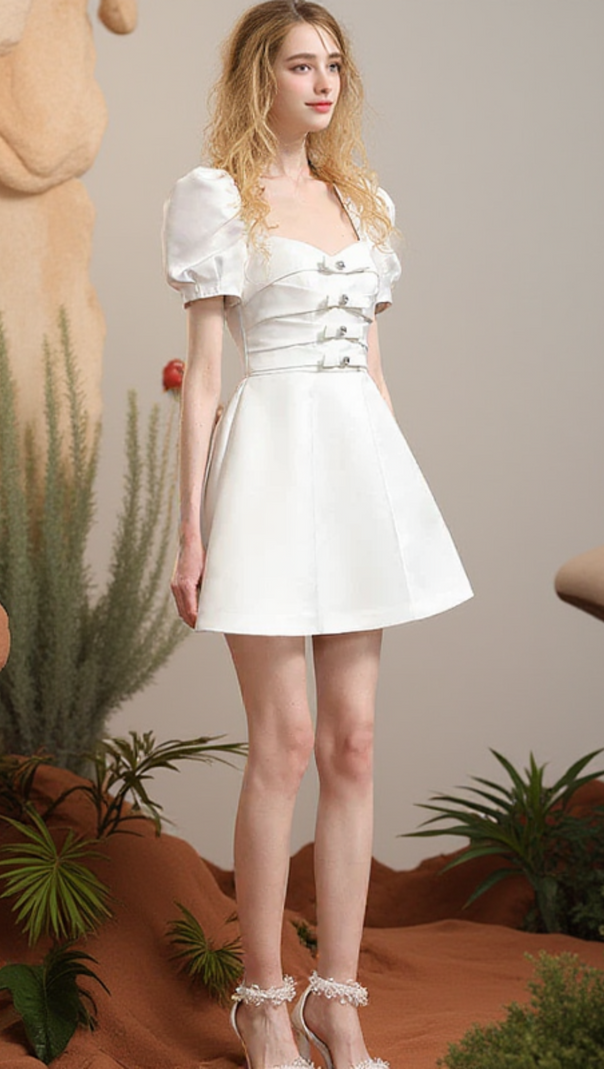 AIIZIE RIBBON PUFF-SLEEVE PRINCESS A-LINE DERSS IN WHITE - product image