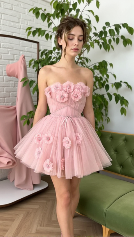 FLOWER-APPLIQUÉ STRAPLESS MINI DRESS IN PINK