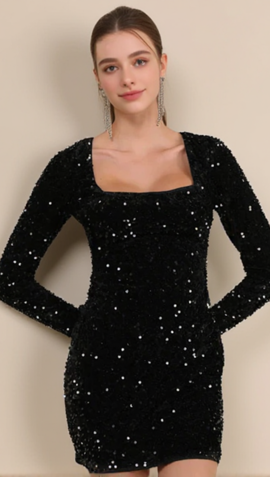 SEQUIN-EMBELLISHED BACK CUTOUT MINI DRESS IN BLACK
