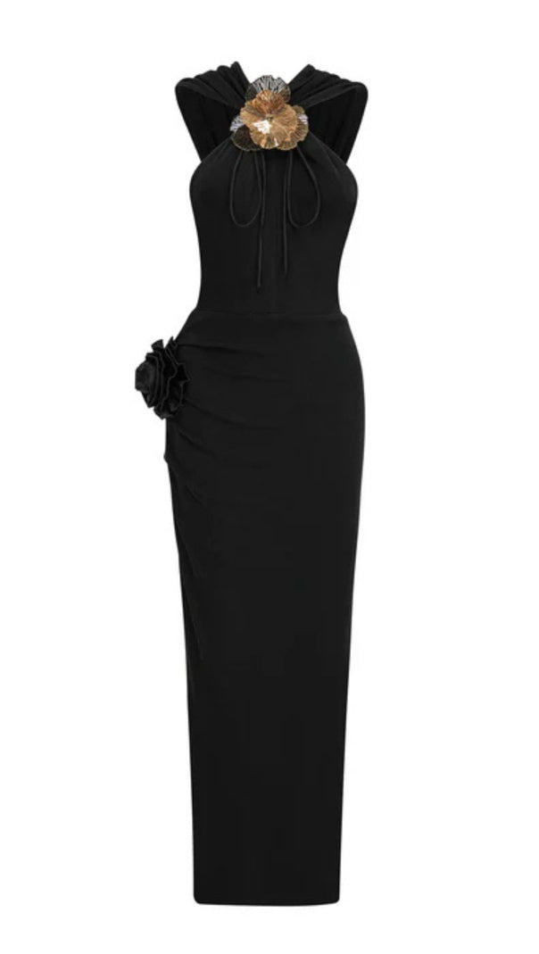 Tammy – Schwarzes Midikleid mit Kapuze und 3D-Blumenmuster aus Metall
