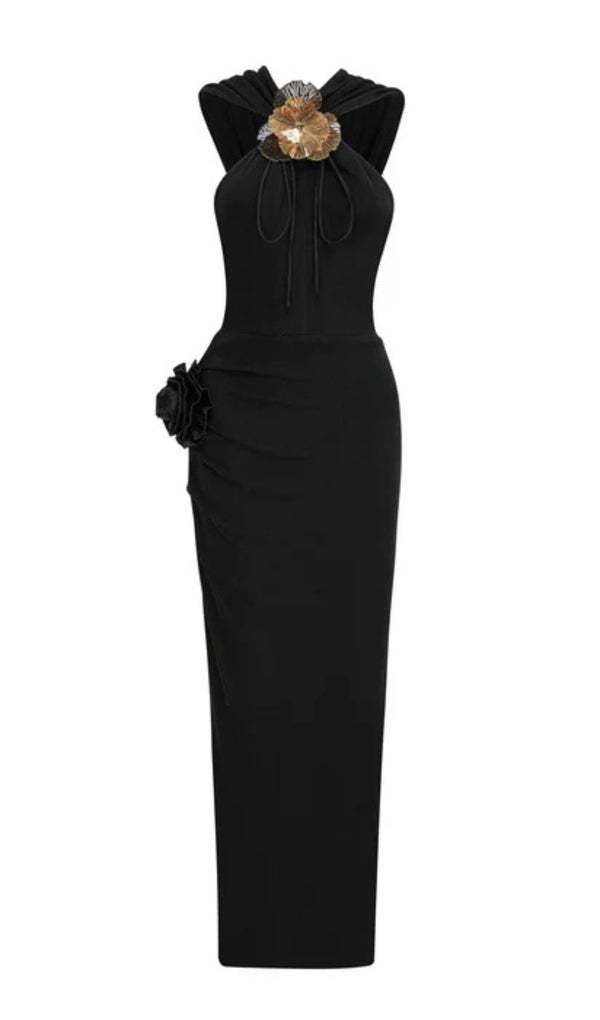 tammy Metal 3D Flower Hooded Midi Dress in black
