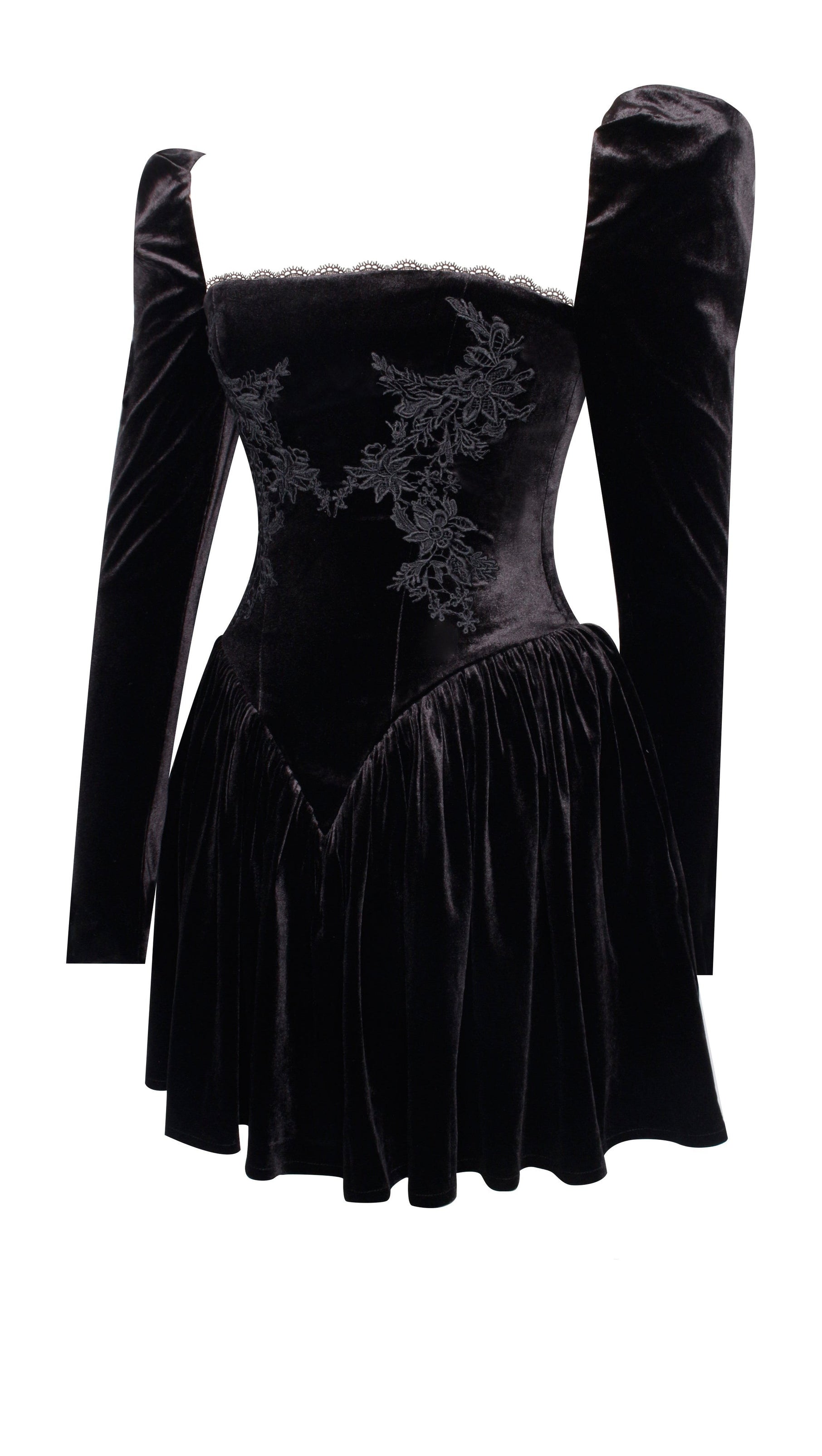 AIIZIE YOLANDA BLACK VELVET LONG SLEEVE MINI DRESS WITH LACE TRIM - product image