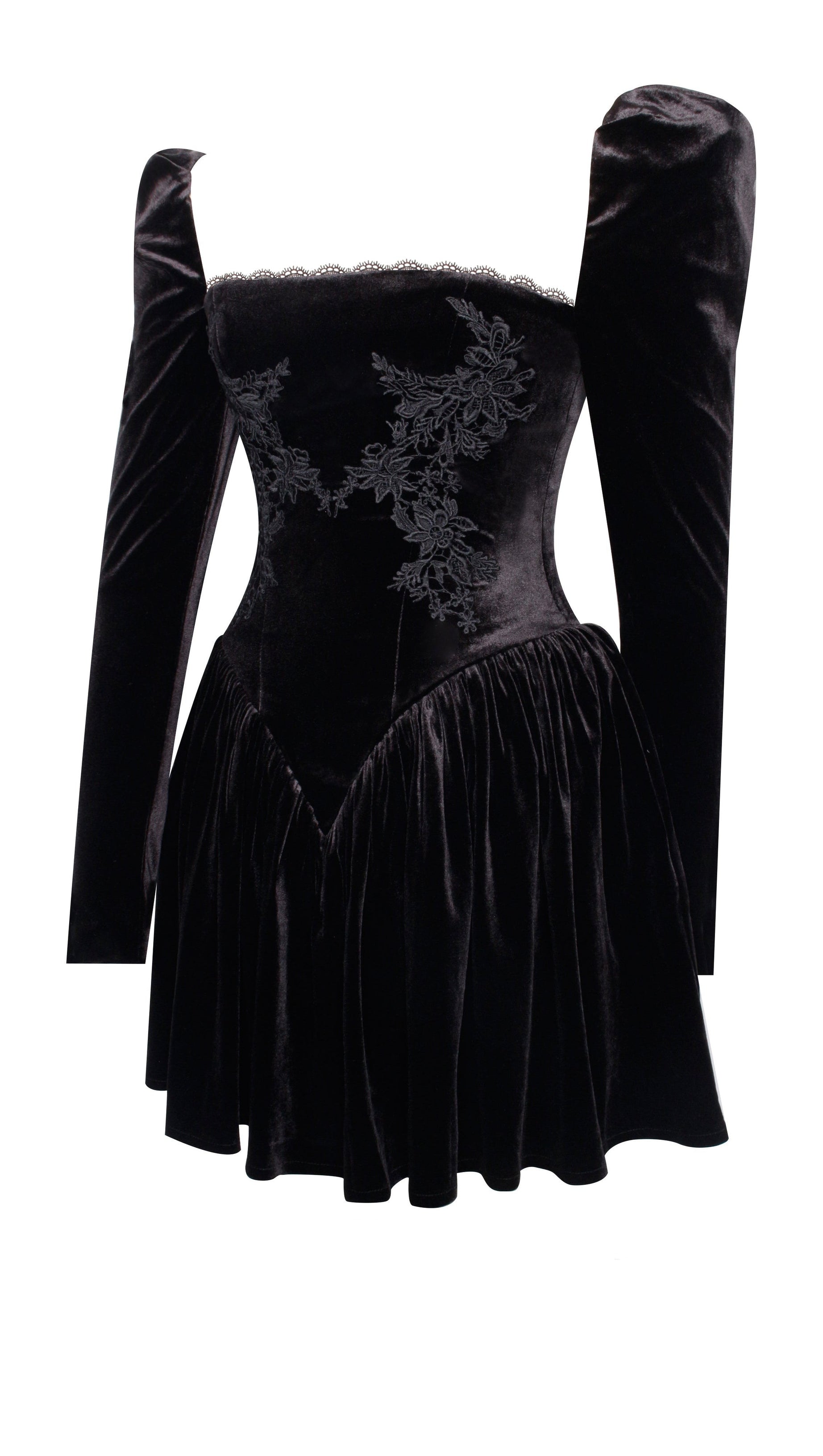 YOLANDA BLACK VELVET LONG SLEEVE MINI DRESS WITH LACE TRIM