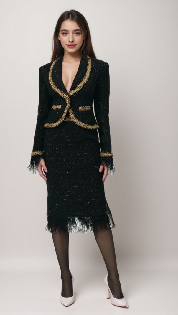 AIIZIE BLACK TWEED BLAZER AND SKIRT SET WITH GOLD TRIM AND FEATHER DETAILING - product image