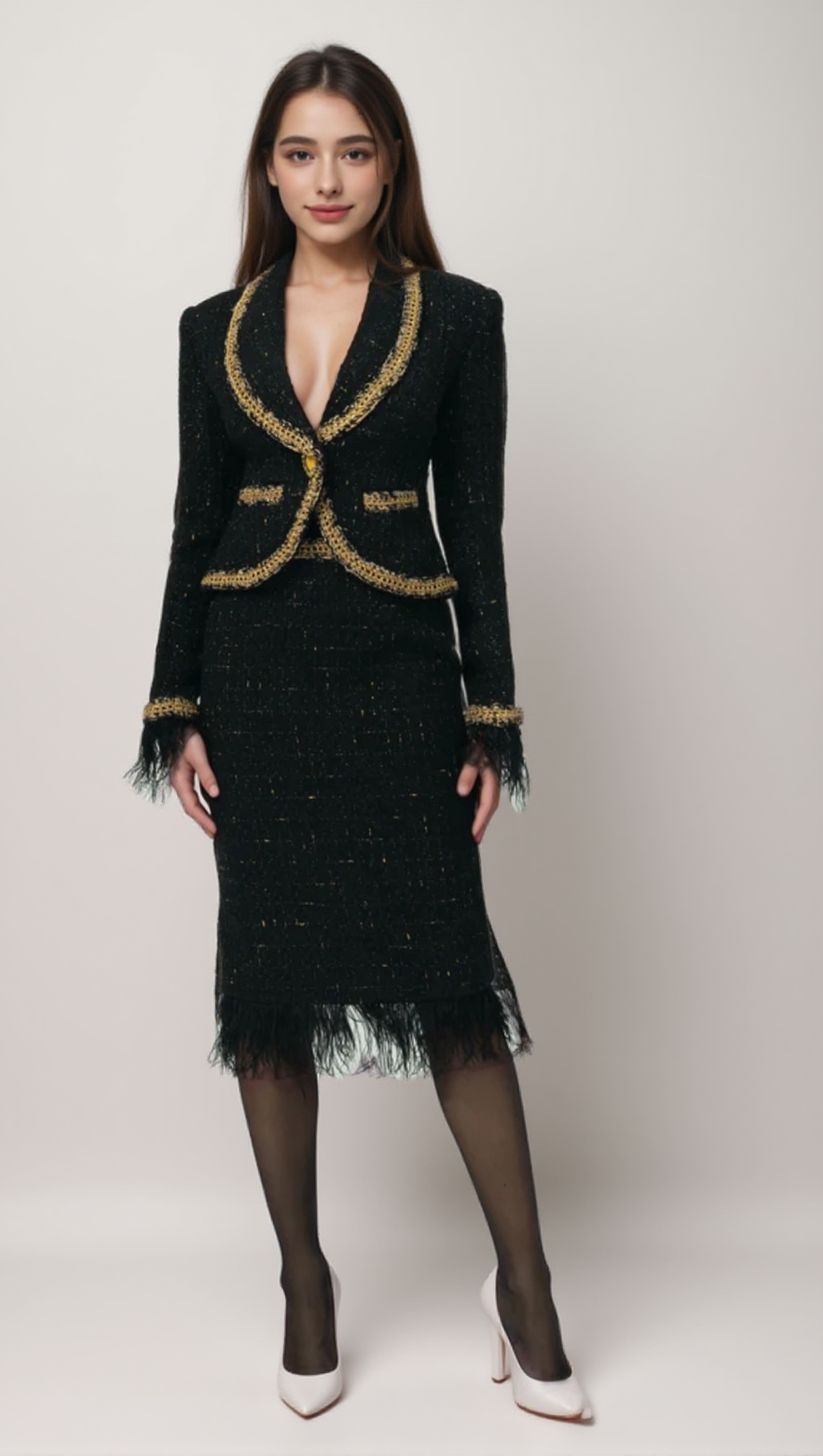 BLACK TWEED BLAZER AND SKIRT SET WITH GOLD TRIM AND FEATHER DETAILING