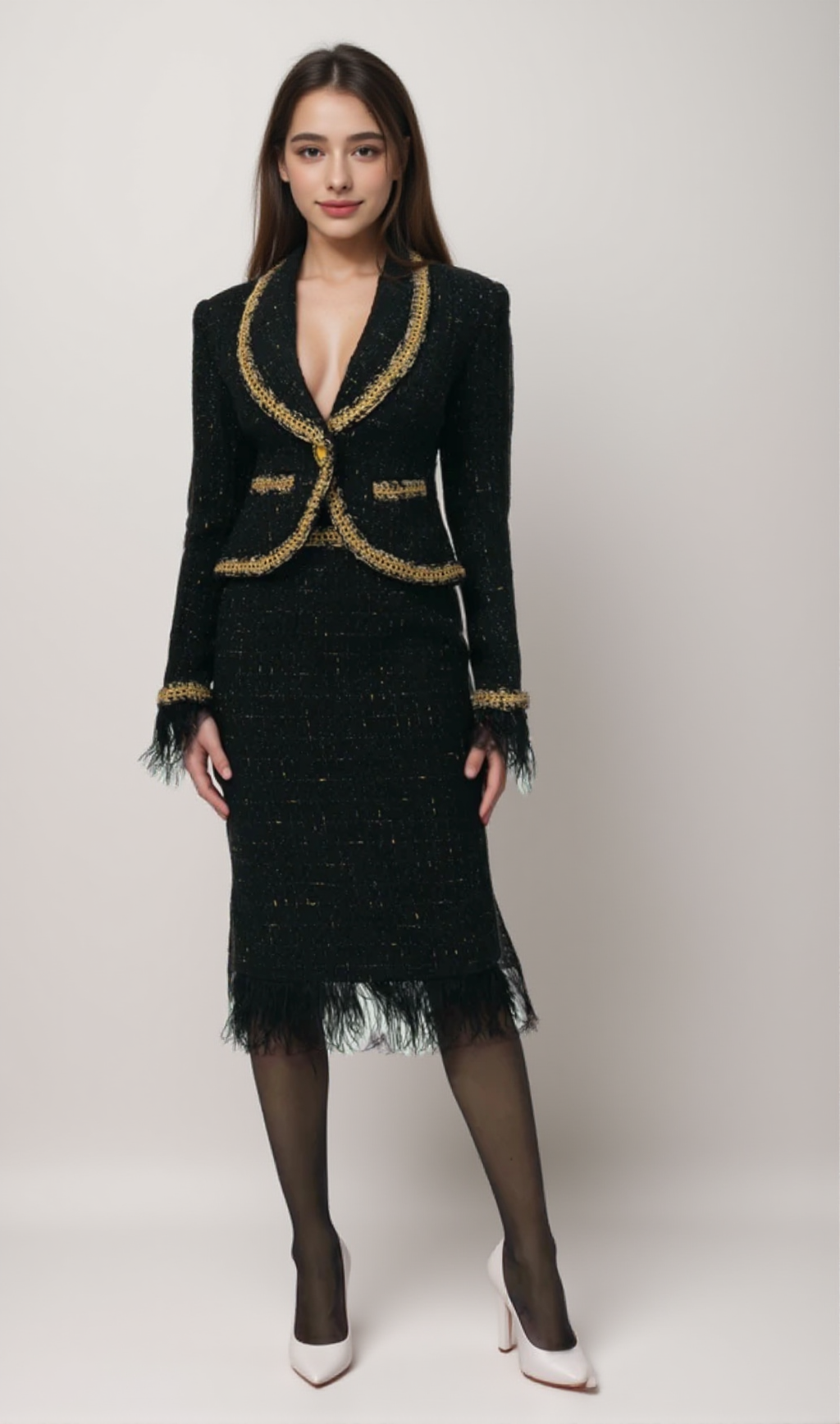 BLACK TWEED BLAZER AND SKIRT SET WITH GOLD TRIM AND FEATHER DETAILING