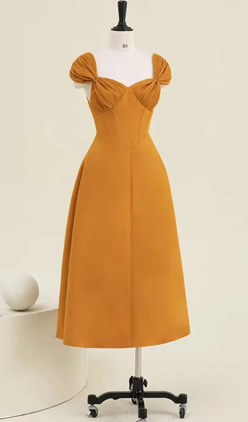 YELLOW KNOTTED A-LINE MIDI DRESS