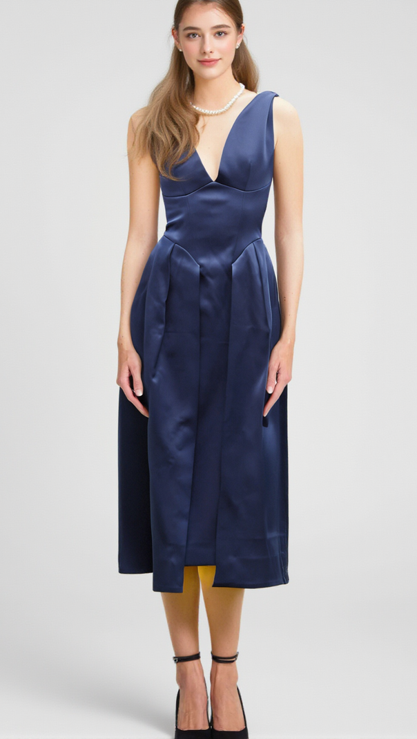 AIIZIE CHANTALE BLUE TWIST-DETAIL SATIN MIDI DRESS - product image