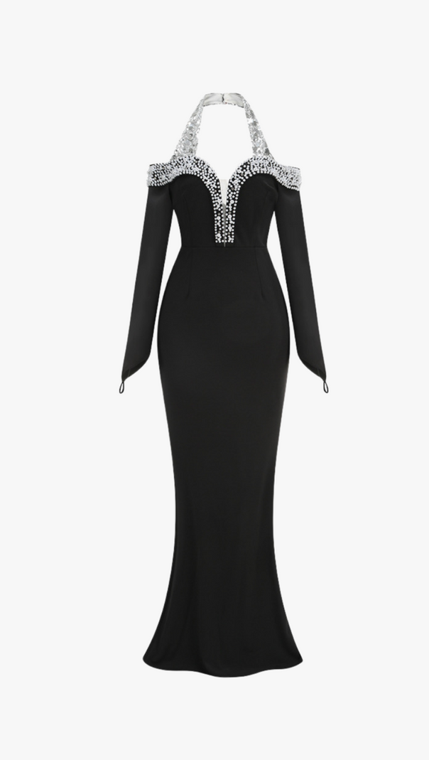 AIIZIE HALTER PEARL CRYSTAL-TRIM GOWN IN BLACK - product image