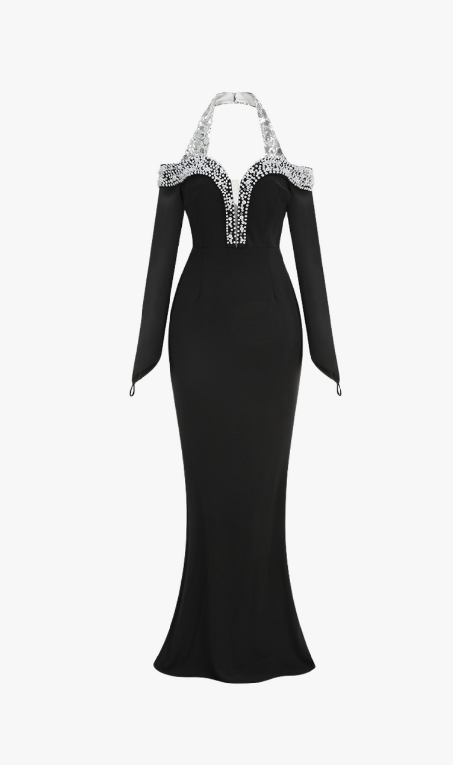 Neckholderkleid mit Perlen- und Kristallbesatz in Schwarz