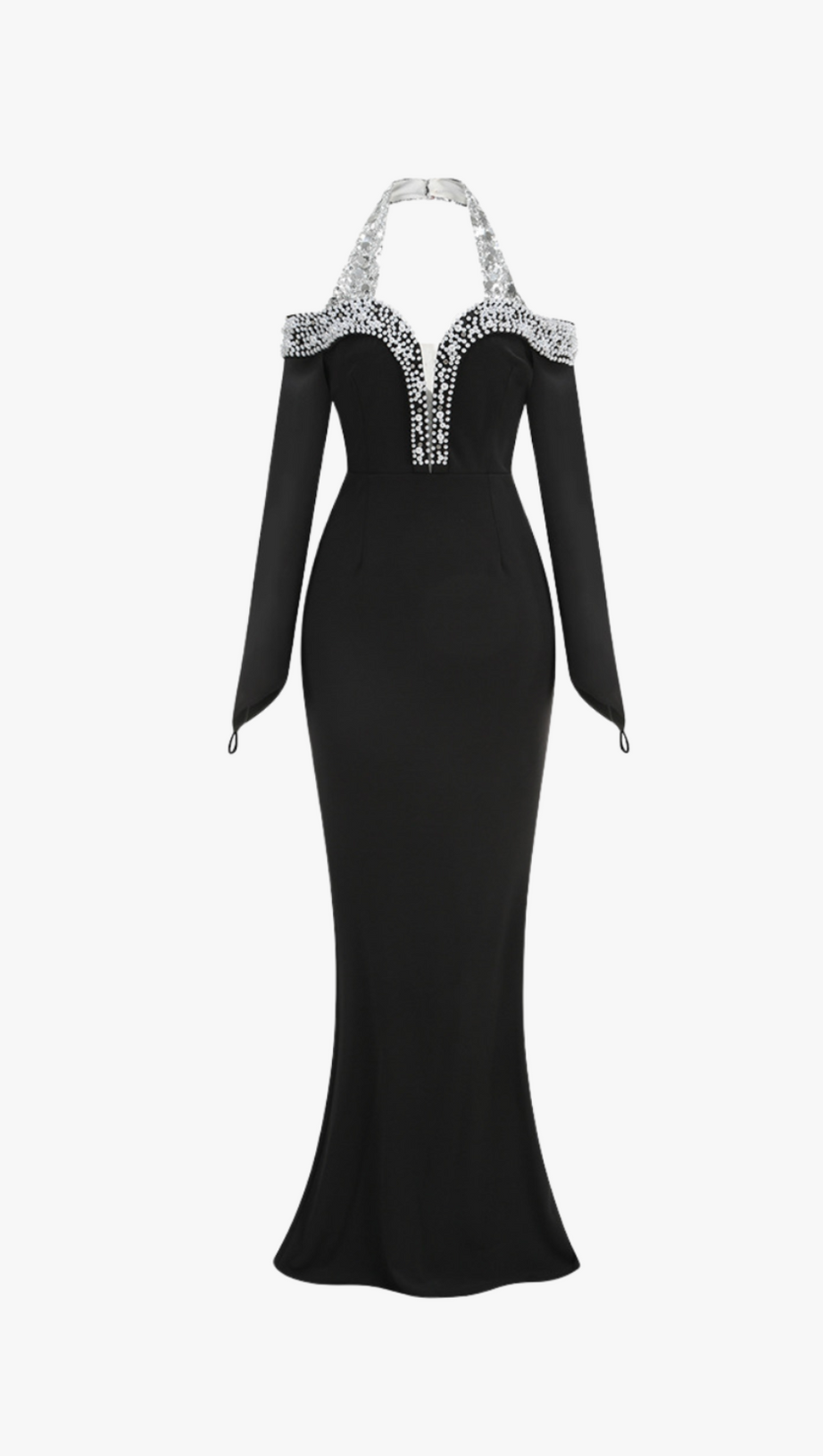 Neckholderkleid mit Perlen- und Kristallbesatz in Schwarz
