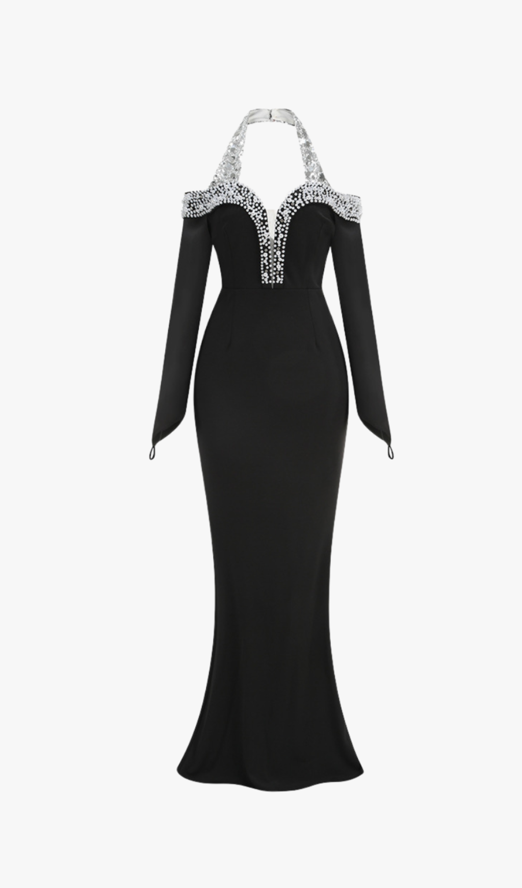 HALTER PEARL CRYSTAL-TRIM GOWN IN BLACK